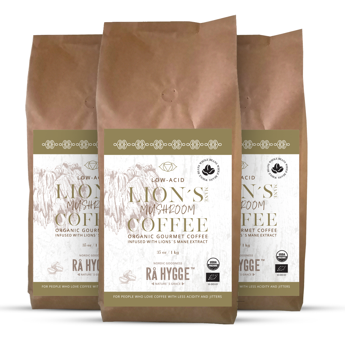 Funktsionaalse fookusega komplekt: ülisuur Lion's Mane erilise kohvi pakk 3 x 1 kg / 35,27 oz