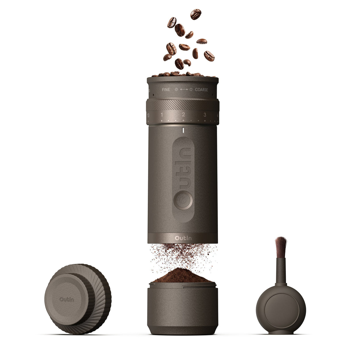 Outin Fino tragbare elektrische Kaffeemühle, Dunkelgrau, Teile und Zubehör