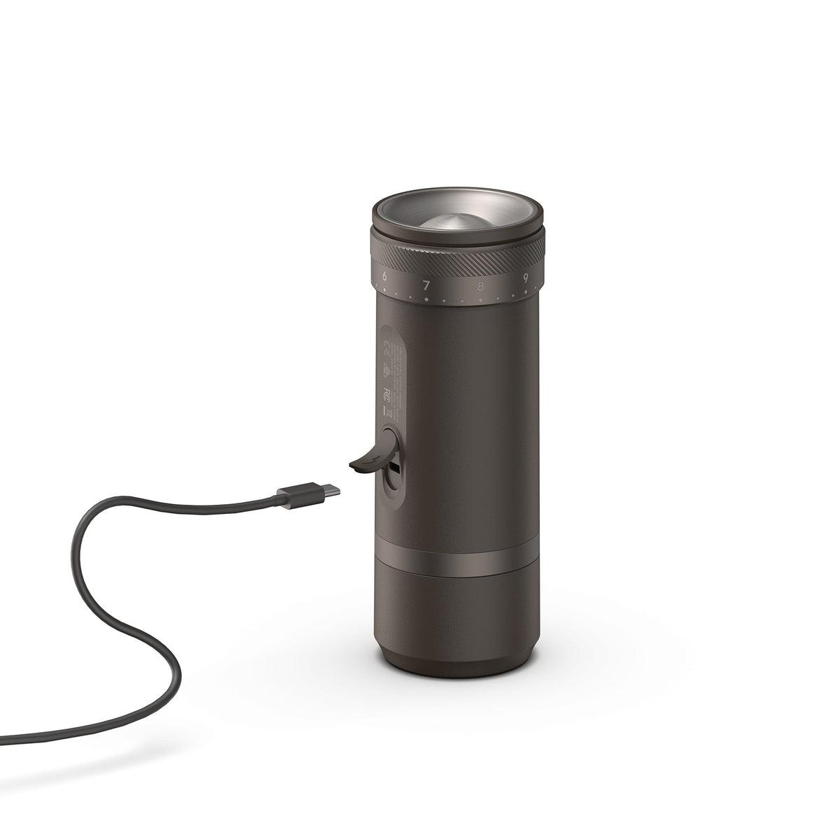 Outin Fino tragbare elektrische Kaffeemühle, Dunkelgrau, Vorderansicht