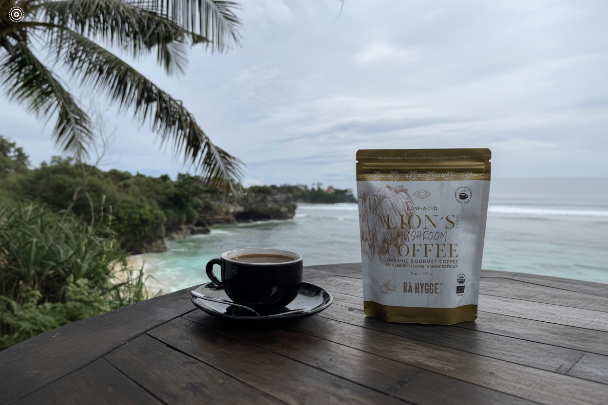 Lion's Mane Coffee with tropical setting