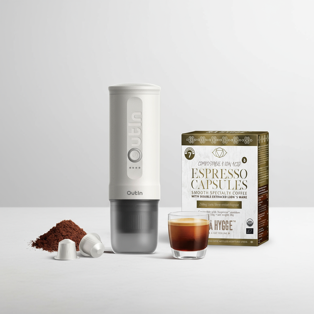 Nano Portable Espresso Machine + 2 Boxes of Lion's Mane Capsules, set contents
