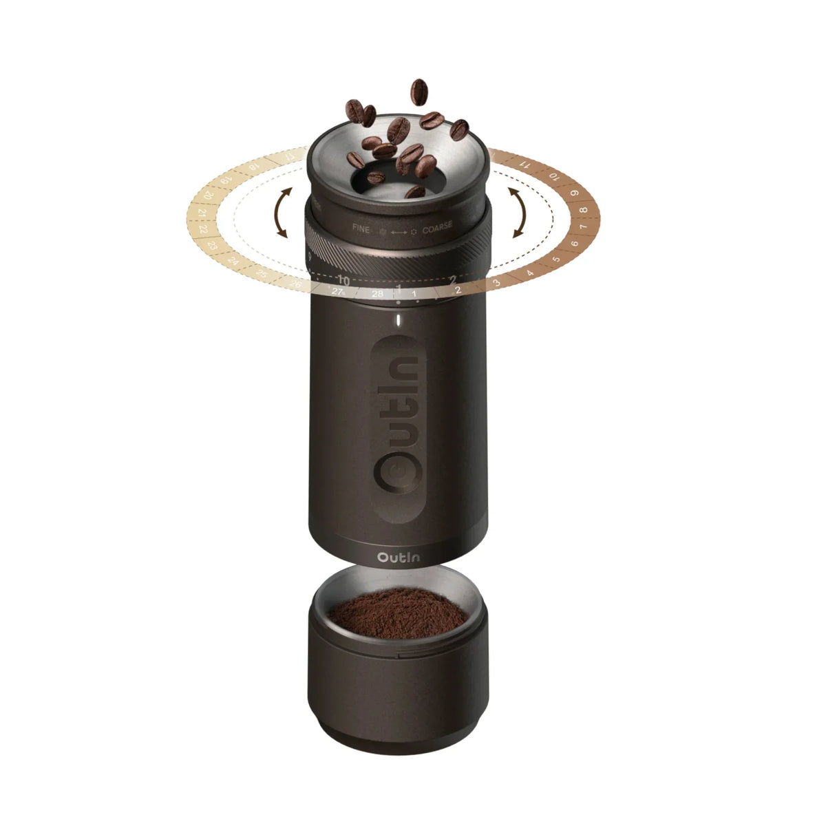 Outin Fino tragbare elektrische Kaffeemühle, Dunkelgrau, Vorderansicht