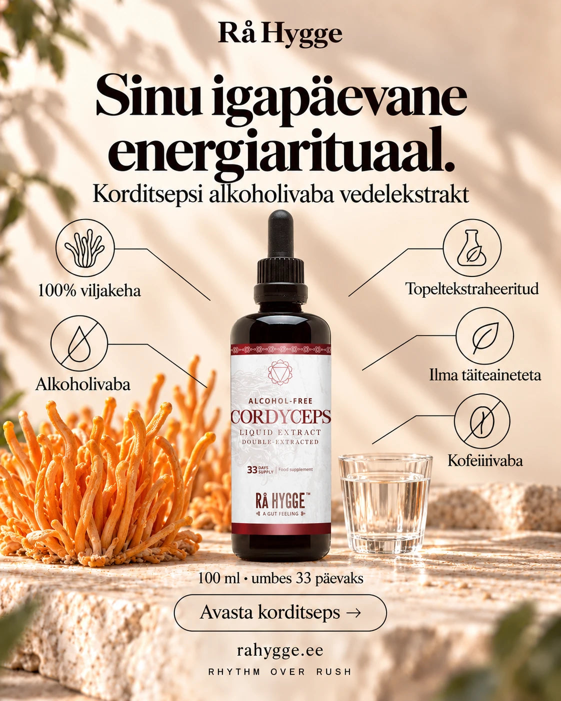 Korditsepsi vedelekstrakt 100 ml, alkoholivaba, omadused lühidalt, Ra Hygge