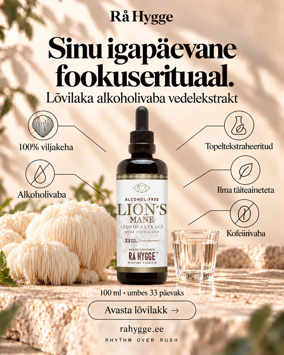 Lõvilaka vedelekstrakt 100 ml, alkoholivaba, omadused lühidalt, Ra Hygge
