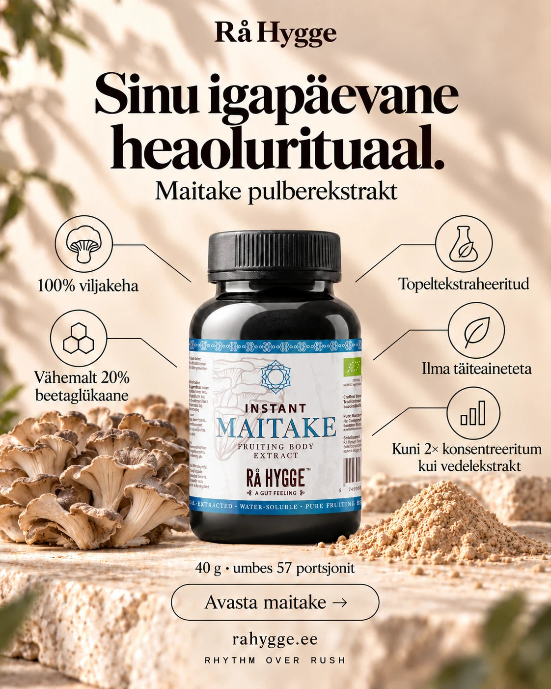 Порошковый экстракт майтаке 40 г, свойства кратко, Ra Hygge