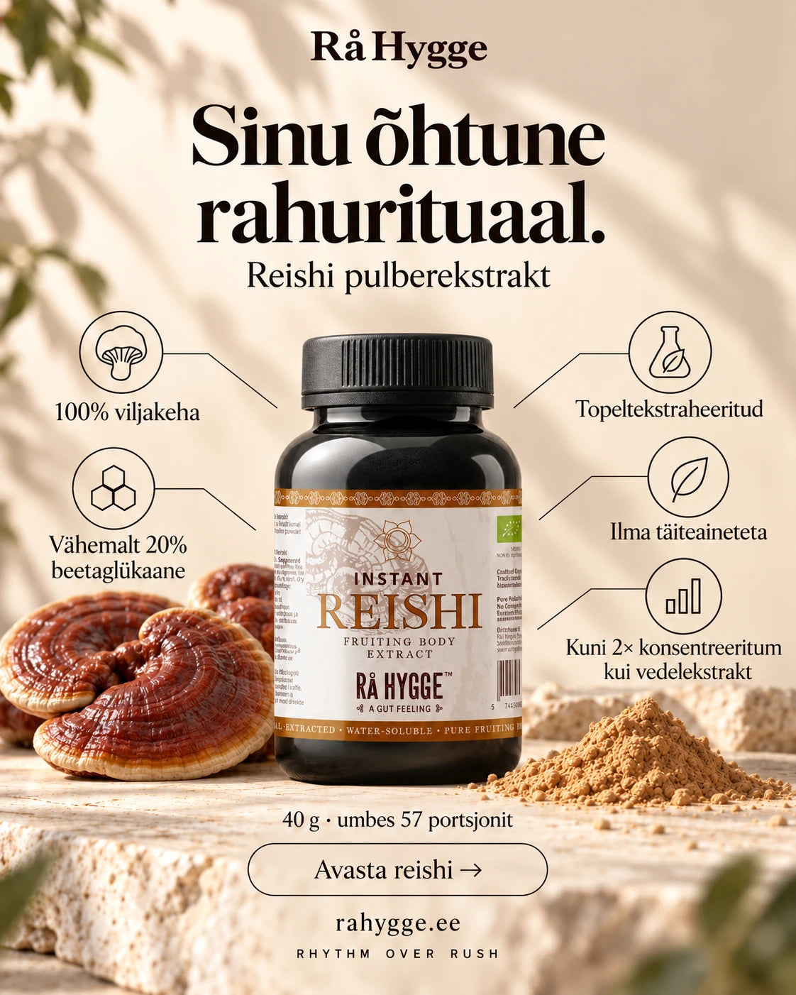 Reishi Powdered Extract 40 g, benefits at a glance, Ra Hygge