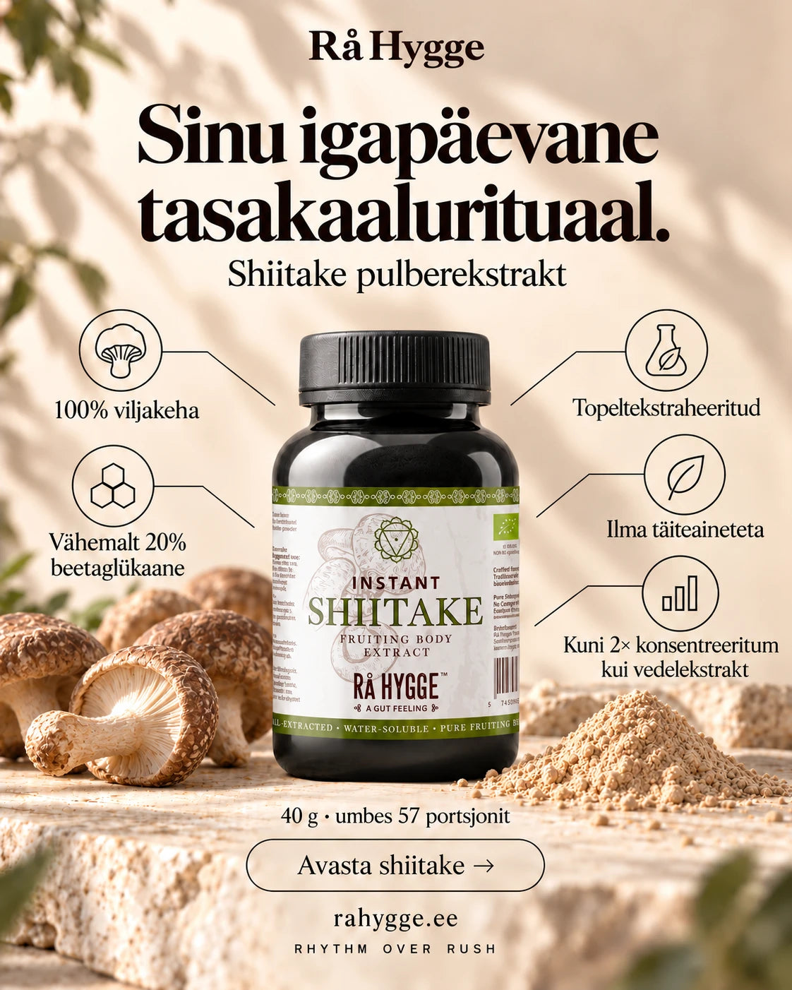 Shiitake Powdered Extract 40 g, benefits at a glance, Ra Hygge